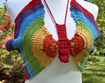 Pride Rainbow Crochet Crop Top: Handmade Festival Halter Top