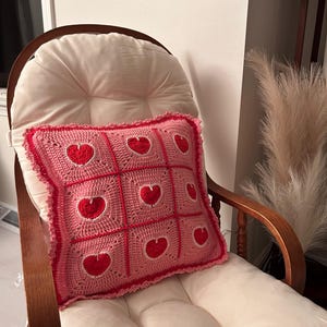 valentine heart granny square pillowcase,pink red heart crochet pillow cover romantic,18 inch heart pillowcase handmade,dimensional heart applique pillow cover,valentine day gift home decor,romantic pink red white heart pillowcase,ruffled border heart pillow cover,galentine gift for her,love theme decorative pillowcase,granny square heart pillow cover,valentine bedroom decor,handmade romantic pillow cover,heart gift for girlfriend wife,valentine living room decor,love pillowcase handcrafted