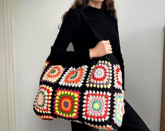 Handmade Granny Square Crochet Tote Bag, Multicolor Vintage Boho Shoulder Bag