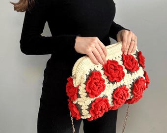 Crochet 3D Rose Kisslock Clutch Purse: Handmade Floral Granny Square Bag, Elegant Flower Evening Bag