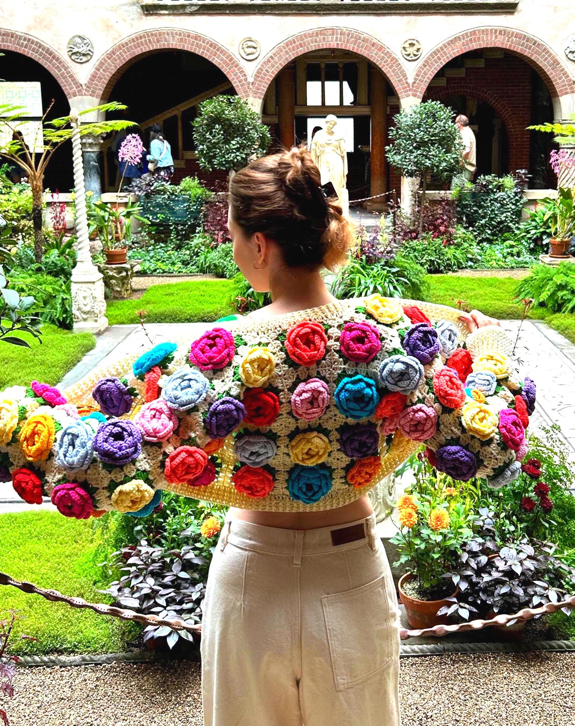 Crochet Rose Crop Cardigan: Colorful 3D Floral Jacket, Handmade