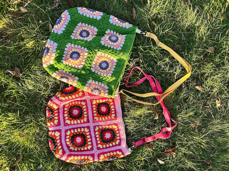 colorful granny square crossbody bag,handmade crochet shoulder bag adjustable,vintage circular flower bag leather strap,boho crossbody bag lined,retro granny square purse handmade,adjustable leather strap shoulder bag,festival crossbody bag colorful,lined crochet bag secure closure,gift for her crossbody bag,vintage style shoulder bag handmade,bright granny square bag,hands free crossbody crochet,travel bag adjustable strap,unique handmade purse granny square,sustainable fashion crossbody bag