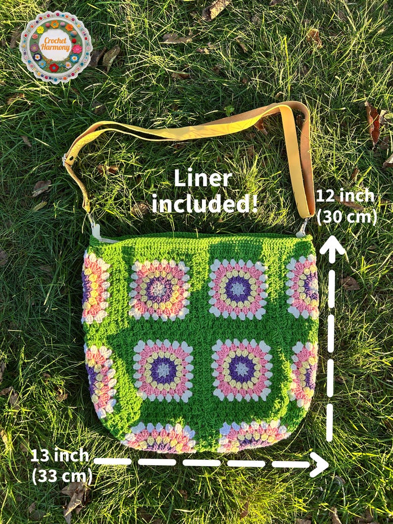 colorful granny square crossbody bag,handmade crochet shoulder bag adjustable,vintage circular flower bag leather strap,boho crossbody bag lined,retro granny square purse handmade,adjustable leather strap shoulder bag,festival crossbody bag colorful,lined crochet bag secure closure,gift for her crossbody bag,vintage style shoulder bag handmade,bright granny square bag,hands free crossbody crochet,travel bag adjustable strap,unique handmade purse granny square,sustainable fashion crossbody bag