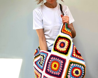 Colorful Granny Square Crochet Bag: Handmade Boho Crossbody Bag, Rainbow Retro Patchwork Shoulder