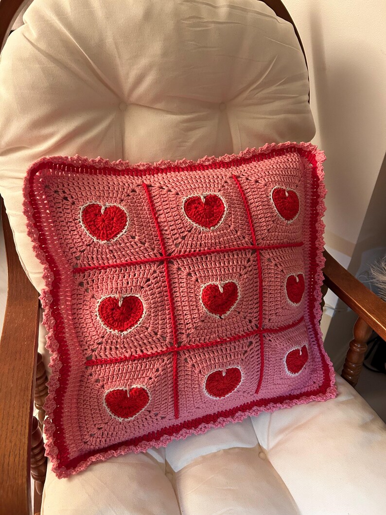valentine heart granny square pillowcase,pink red heart crochet pillow cover romantic,18 inch heart pillowcase handmade,dimensional heart applique pillow cover,valentine day gift home decor,romantic pink red white heart pillowcase,ruffled border heart pillow cover,galentine gift for her,love theme decorative pillowcase,granny square heart pillow cover,valentine bedroom decor,handmade romantic pillow cover,heart gift for girlfriend wife,valentine living room decor,love pillowcase handcrafted