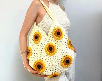 Handmade Crochet Sunflower Tote Bag: Cream Granny Square Boho Purse