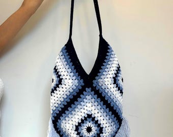 Handmade Evil Eye Crochet Granny Square Bag: Boho Fringe Crossbody