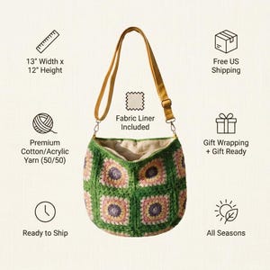 colorful granny square crossbody bag,handmade crochet shoulder bag adjustable,vintage circular flower bag leather strap,boho crossbody bag lined,retro granny square purse handmade,adjustable leather strap shoulder bag,festival crossbody bag colorful,lined crochet bag secure closure,gift for her crossbody bag,vintage style shoulder bag handmade,bright granny square bag,hands free crossbody crochet,travel bag adjustable strap,unique handmade purse granny square,sustainable fashion crossbody bag