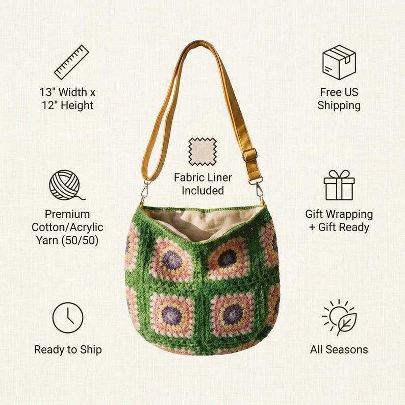 colorful granny square crossbody bag,handmade crochet shoulder bag adjustable,vintage circular flower bag leather strap,boho crossbody bag lined,retro granny square purse handmade,adjustable leather strap shoulder bag,festival crossbody bag colorful,lined crochet bag secure closure,gift for her crossbody bag,vintage style shoulder bag handmade,bright granny square bag,hands free crossbody crochet,travel bag adjustable strap,unique handmade purse granny square,sustainable fashion crossbody bag