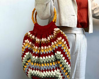Crochet Granny Square Bag: Burgundy Boho Bamboo Handle Tote