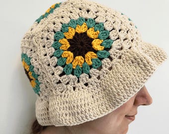 Crochet Sunflower Bucket Hat,Cream Summer Hat,Boho Festival Hat,Summer Solstice Beach Hat,Lime Green Summer Hat,Gift for Her