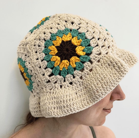 Crochet Sunflower Bucket Hat: Cream Cotton Boho Sun Hat 