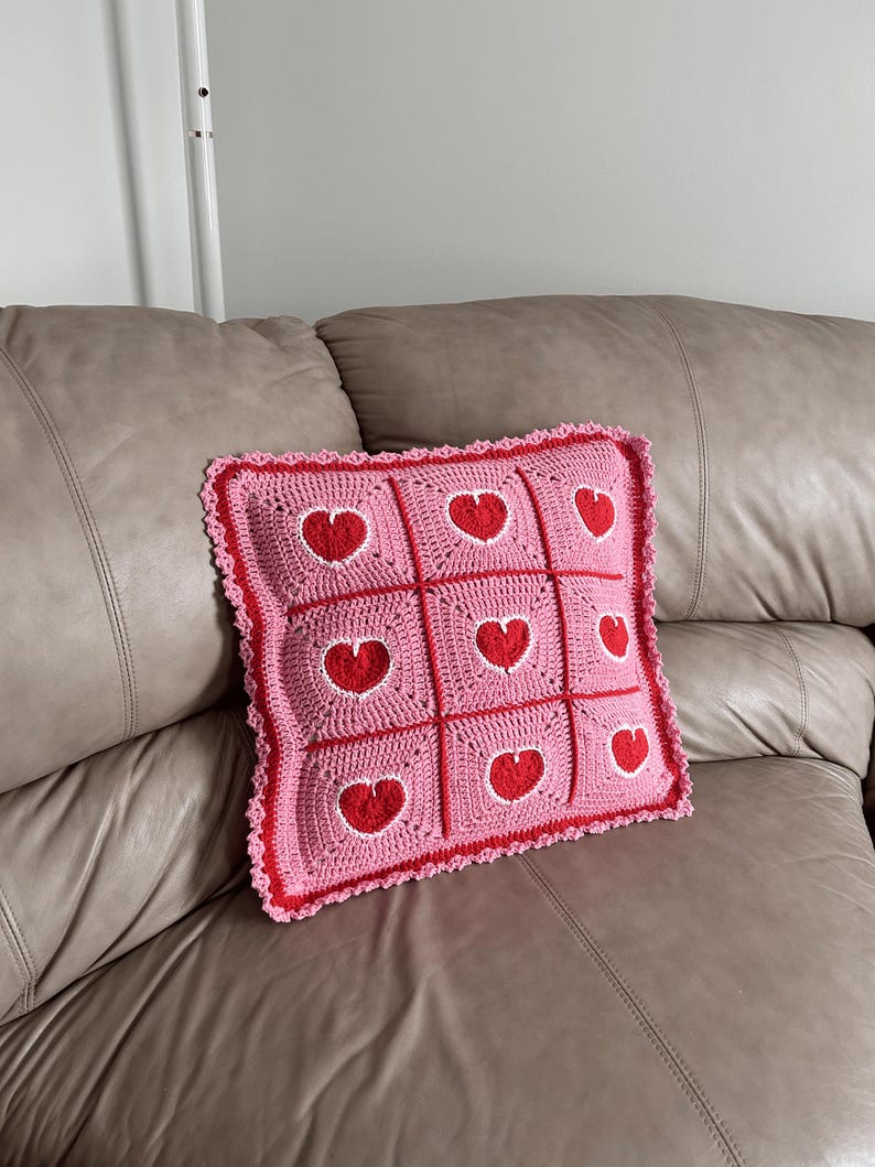 valentine heart granny square pillowcase,pink red heart crochet pillow cover romantic,18 inch heart pillowcase handmade,dimensional heart applique pillow cover,valentine day gift home decor,romantic pink red white heart pillowcase,ruffled border heart pillow cover,galentine gift for her,love theme decorative pillowcase,granny square heart pillow cover,valentine bedroom decor,handmade romantic pillow cover,heart gift for girlfriend wife,valentine living room decor,love pillowcase handcrafted