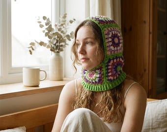 Crochet Green Granny Square Balaclava: Colorful Handmade Winter Hood