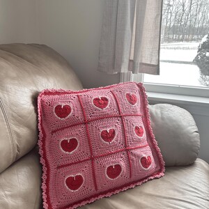valentine heart granny square pillowcase,pink red heart crochet pillow cover romantic,18 inch heart pillowcase handmade,dimensional heart applique pillow cover,valentine day gift home decor,romantic pink red white heart pillowcase,ruffled border heart pillow cover,galentine gift for her,love theme decorative pillowcase,granny square heart pillow cover,valentine bedroom decor,handmade romantic pillow cover,heart gift for girlfriend wife,valentine living room decor,love pillowcase handcrafted