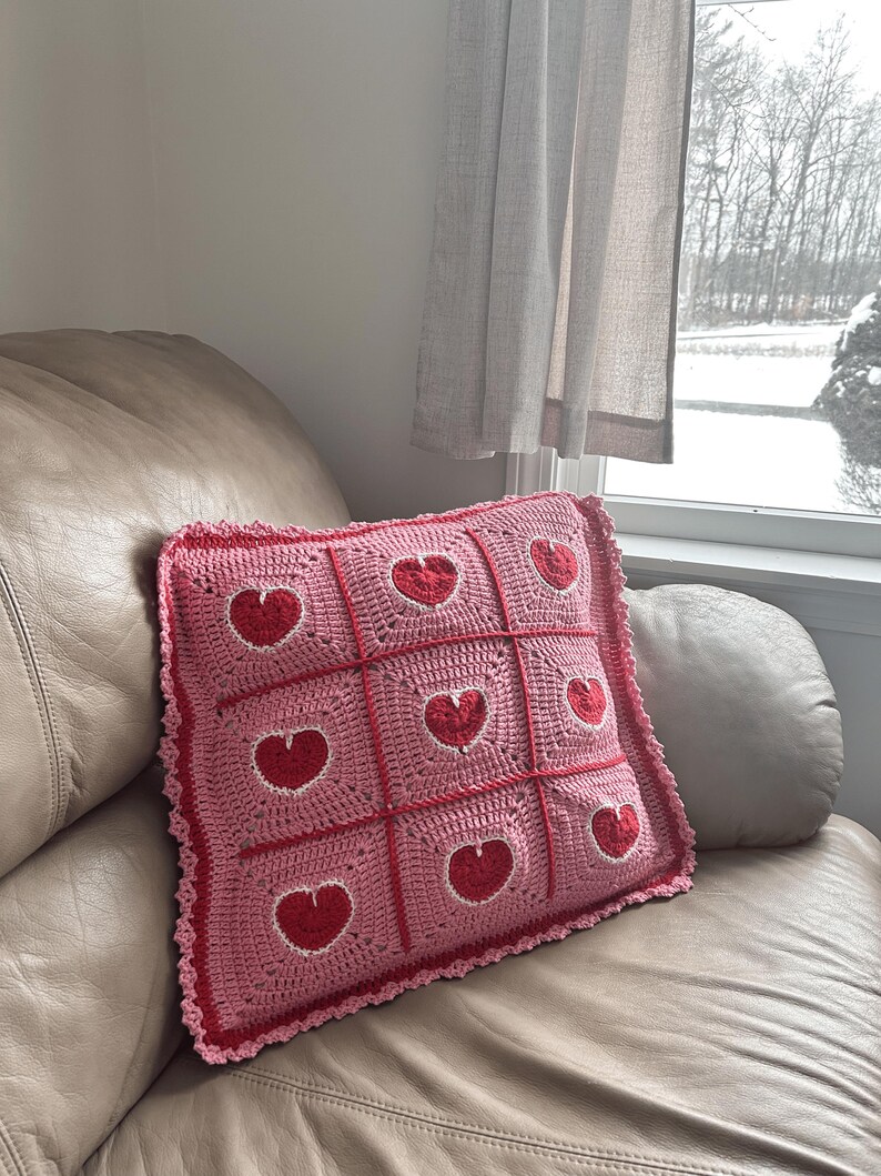 valentine heart granny square pillowcase,pink red heart crochet pillow cover romantic,18 inch heart pillowcase handmade,dimensional heart applique pillow cover,valentine day gift home decor,romantic pink red white heart pillowcase,ruffled border heart pillow cover,galentine gift for her,love theme decorative pillowcase,granny square heart pillow cover,valentine bedroom decor,handmade romantic pillow cover,heart gift for girlfriend wife,valentine living room decor,love pillowcase handcrafted