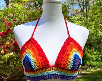 Pride Crochet Halter Top: Rainbow Bralette, Festival Crop Top