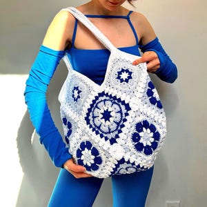 Granny Square Blue Crochet Tote Bag: Floral Lined Boho Shoulder Bag