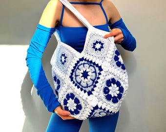 Granny Square Blue Crochet Tote Bag: Floral Lined Boho Shoulder Bag