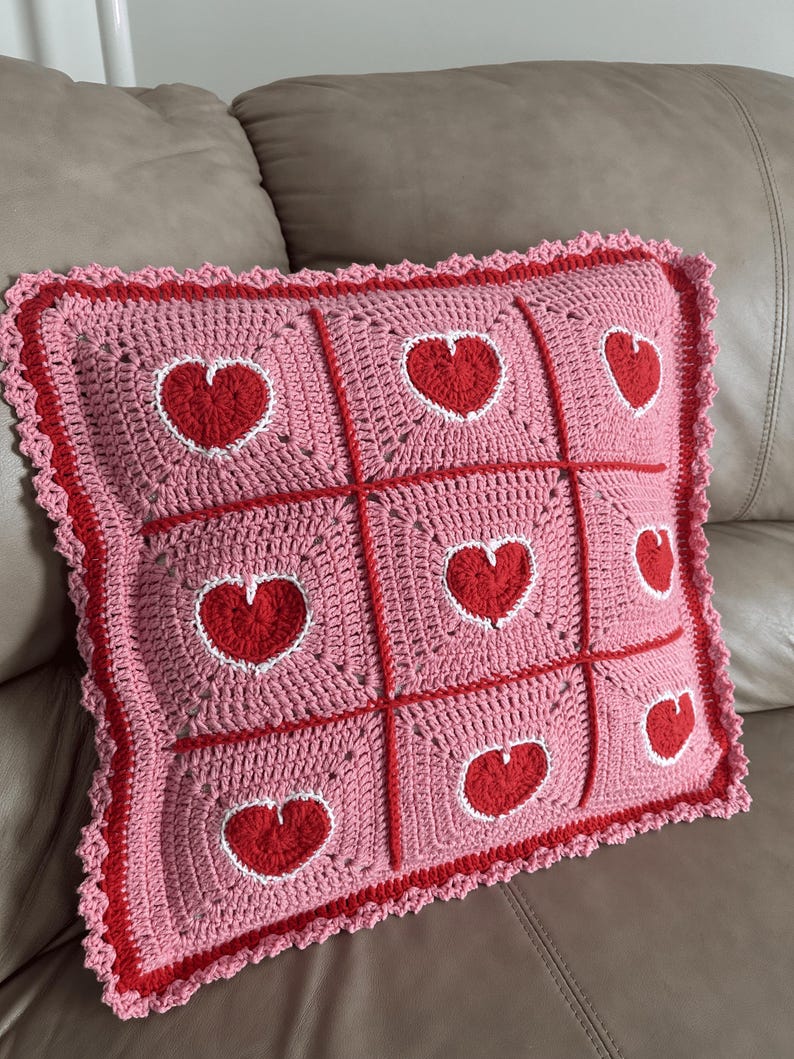 valentine heart granny square pillowcase,pink red heart crochet pillow cover romantic,18 inch heart pillowcase handmade,dimensional heart applique pillow cover,valentine day gift home decor,romantic pink red white heart pillowcase,ruffled border heart pillow cover,galentine gift for her,love theme decorative pillowcase,granny square heart pillow cover,valentine bedroom decor,handmade romantic pillow cover,heart gift for girlfriend wife,valentine living room decor,love pillowcase handcrafted
