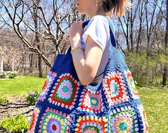 Navy Large Granny Square Bag,Crochet Flower Summer Tote Bag,Crochet Festival Boho Shoulder Beach Bag,Handmade Market Tote Bag,Gift for Her