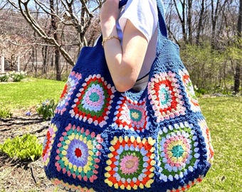 Granny Square Crochet Shoulder Bag: Boho Hippie Market Tote, Colorful Handmade Yarn Bag