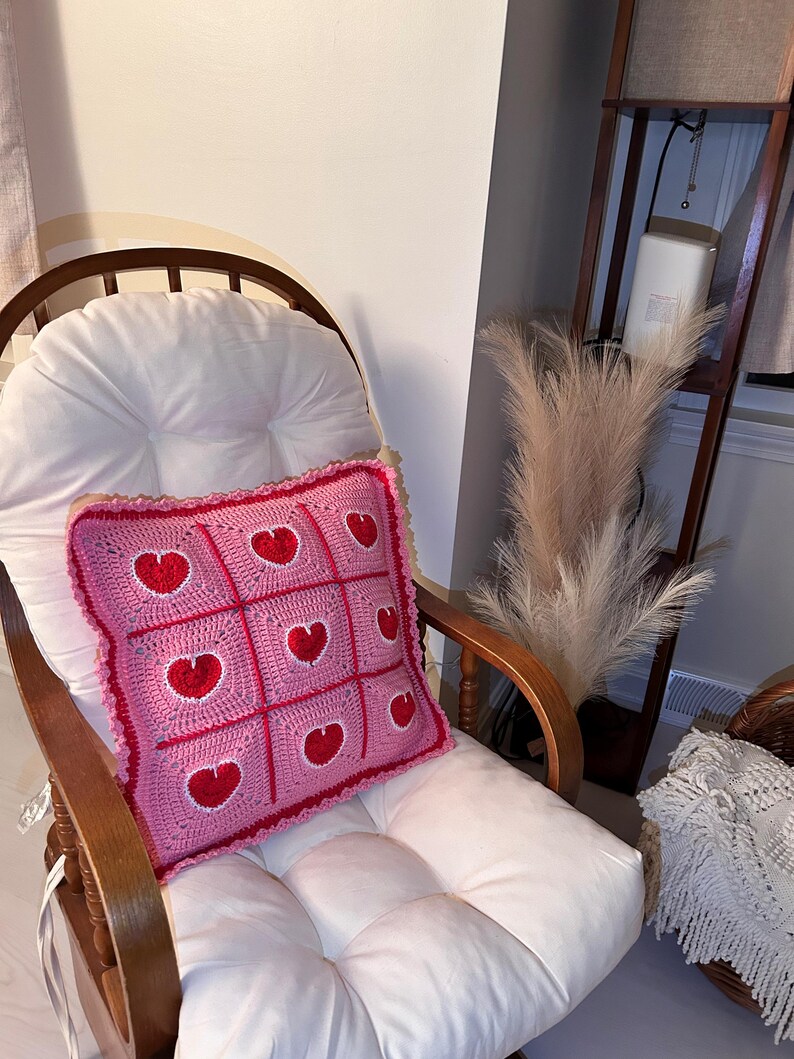 valentine heart granny square pillowcase,pink red heart crochet pillow cover romantic,18 inch heart pillowcase handmade,dimensional heart applique pillow cover,valentine day gift home decor,romantic pink red white heart pillowcase,ruffled border heart pillow cover,galentine gift for her,love theme decorative pillowcase,granny square heart pillow cover,valentine bedroom decor,handmade romantic pillow cover,heart gift for girlfriend wife,valentine living room decor,love pillowcase handcrafted