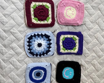 Handmade Crochet Mini Wallet, Granny Square Rose Smiley Evil Eye Protection  Pouch