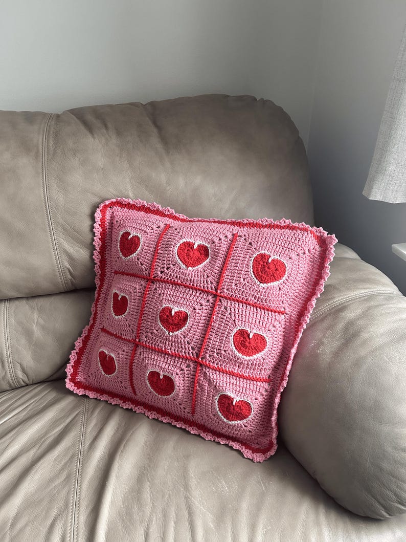 valentine heart granny square pillowcase,pink red heart crochet pillow cover romantic,18 inch heart pillowcase handmade,dimensional heart applique pillow cover,valentine day gift home decor,romantic pink red white heart pillowcase,ruffled border heart pillow cover,galentine gift for her,love theme decorative pillowcase,granny square heart pillow cover,valentine bedroom decor,handmade romantic pillow cover,heart gift for girlfriend wife,valentine living room decor,love pillowcase handcrafted