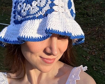 Floral Blue White Crochet Bucket Hat, Flower Boho Festival Hat, Summer Floral Bucket Hat, Flower Granny Square Bucket Hat, Gift for her