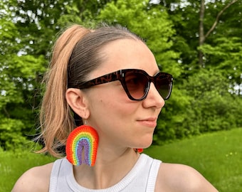 Pride Rainbow Crochet Earrings: Handmade LGBTQ+ Statement Jewelry, Parade Gift