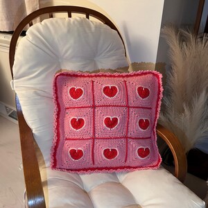 valentine heart granny square pillowcase,pink red heart crochet pillow cover romantic,18 inch heart pillowcase handmade,dimensional heart applique pillow cover,valentine day gift home decor,romantic pink red white heart pillowcase,ruffled border heart pillow cover,galentine gift for her,love theme decorative pillowcase,granny square heart pillow cover,valentine bedroom decor,handmade romantic pillow cover,heart gift for girlfriend wife,valentine living room decor,love pillowcase handcrafted