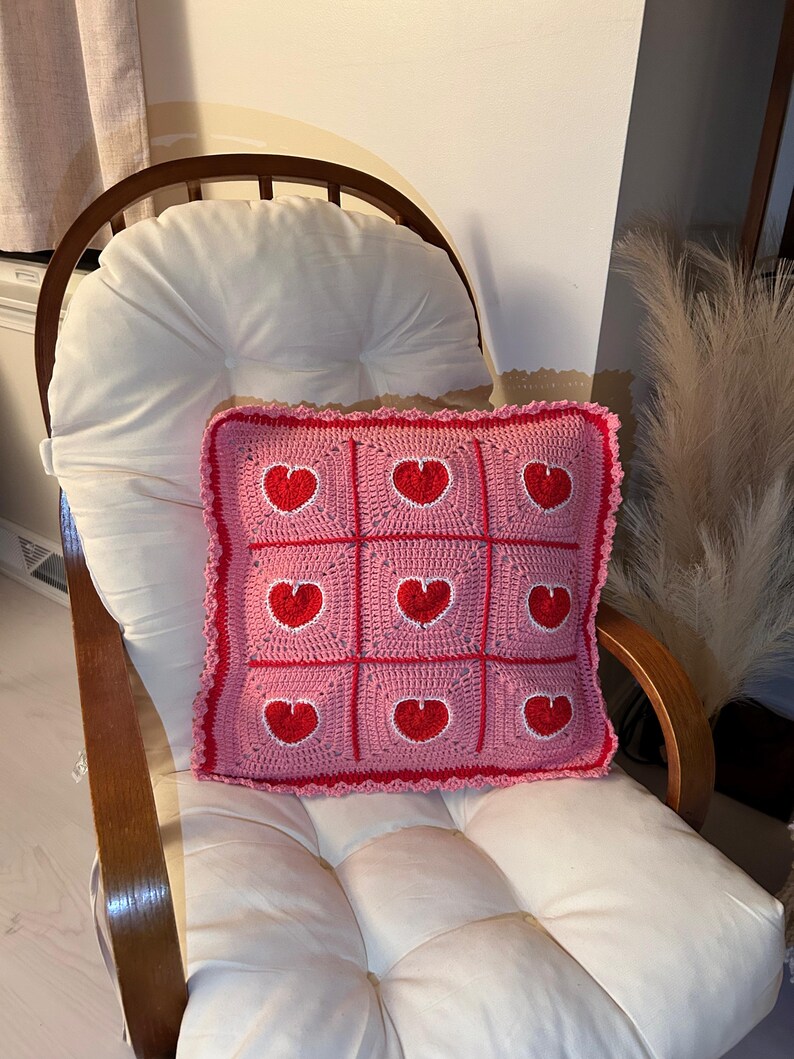 valentine heart granny square pillowcase,pink red heart crochet pillow cover romantic,18 inch heart pillowcase handmade,dimensional heart applique pillow cover,valentine day gift home decor,romantic pink red white heart pillowcase,ruffled border heart pillow cover,galentine gift for her,love theme decorative pillowcase,granny square heart pillow cover,valentine bedroom decor,handmade romantic pillow cover,heart gift for girlfriend wife,valentine living room decor,love pillowcase handcrafted