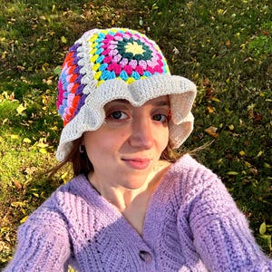 Crochet Beige Granny Square Hat,Crochet Bucket Hat,Summer Solstice Hat,Festival Boho Hat,Handmade Summer Hat,Gift for her,Mothers Day Gif