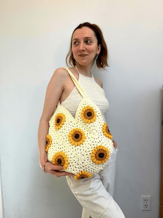 Handmade Crochet Sunflower Tote Bag: Boho Floral Appliqué