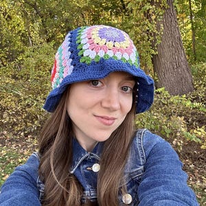 Crochet Blue Granny Square Hat,Crochet Bucket Hat,Vintage Style Hat,Festival Boho Hat,Bohemian Hat,Handmade Summer Beach Hat,Gift for her