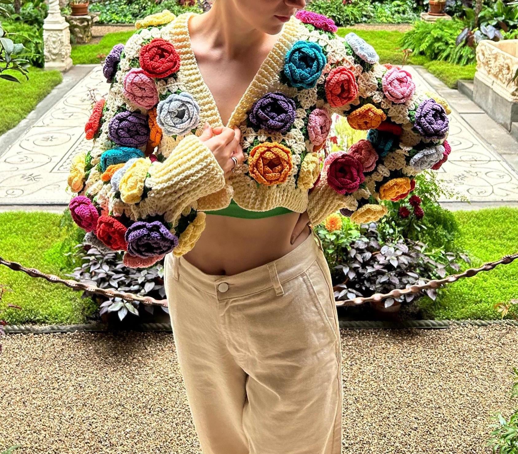 Crochet Red Rose Cardigan: Cream Granny Square Floral Sweater