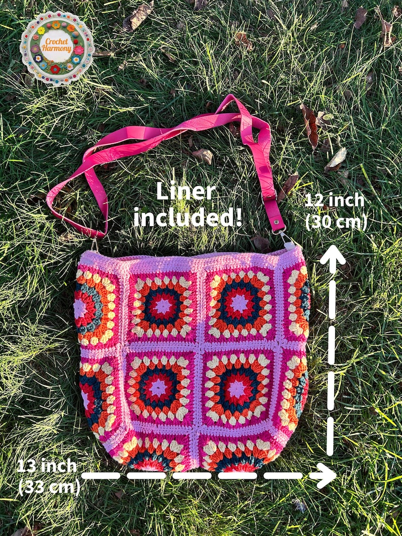 colorful granny square crossbody bag,handmade crochet shoulder bag adjustable,vintage circular flower bag leather strap,boho crossbody bag lined,retro granny square purse handmade,adjustable leather strap shoulder bag,festival crossbody bag colorful,lined crochet bag secure closure,gift for her crossbody bag,vintage style shoulder bag handmade,bright granny square bag,hands free crossbody crochet,travel bag adjustable strap,unique handmade purse granny square,sustainable fashion crossbody bag
