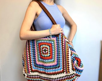 Handmade XXL Crochet Weekender Tote Bag: Colorful Granny Square Boho Duffle Bag with Leather Handles