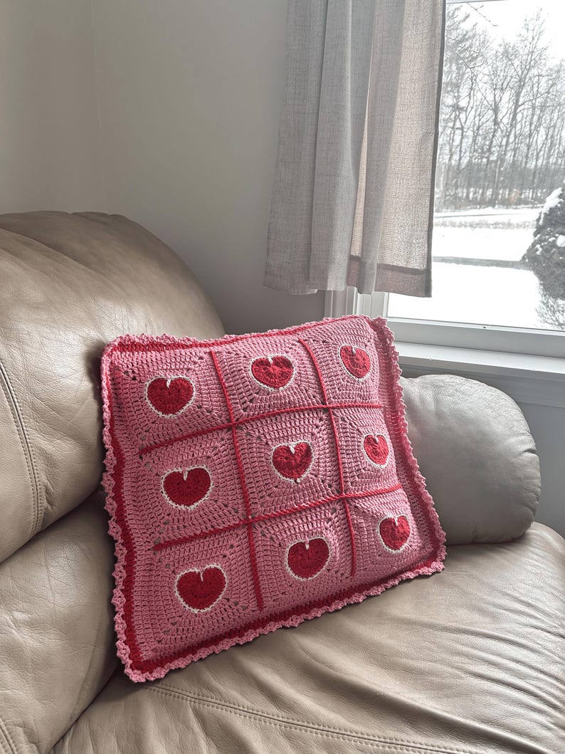 valentine heart granny square pillowcase,pink red heart crochet pillow cover romantic,18 inch heart pillowcase handmade,dimensional heart applique pillow cover,valentine day gift home decor,romantic pink red white heart pillowcase,ruffled border heart pillow cover,galentine gift for her,love theme decorative pillowcase,granny square heart pillow cover,valentine bedroom decor,handmade romantic pillow cover,heart gift for girlfriend wife,valentine living room decor,love pillowcase handcrafted