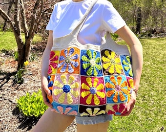 Colorful Daisy Granny Square Shoulder Bag: Handmade Crochet Cotton Weekender, Boho Floral Tote