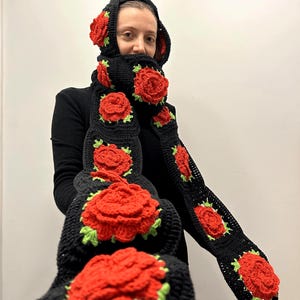 Crochet Rose Black Hooded Scarf,Knitted Rose Hooded Scarf,Crochet Hooded Scarf,Knitted Balaclava Scarf,Romantic Hood Scarf,Gift for her