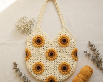 Crochet Sunflower Bag: Boho Beach Tote, Handmade Floral Shoulder Bag, Thoughtful Mother's Day