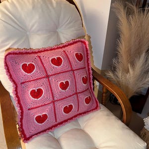 valentine heart granny square pillowcase,pink red heart crochet pillow cover romantic,18 inch heart pillowcase handmade,dimensional heart applique pillow cover,valentine day gift home decor,romantic pink red white heart pillowcase,ruffled border heart pillow cover,galentine gift for her,love theme decorative pillowcase,granny square heart pillow cover,valentine bedroom decor,handmade romantic pillow cover,heart gift for girlfriend wife,valentine living room decor,love pillowcase handcrafted