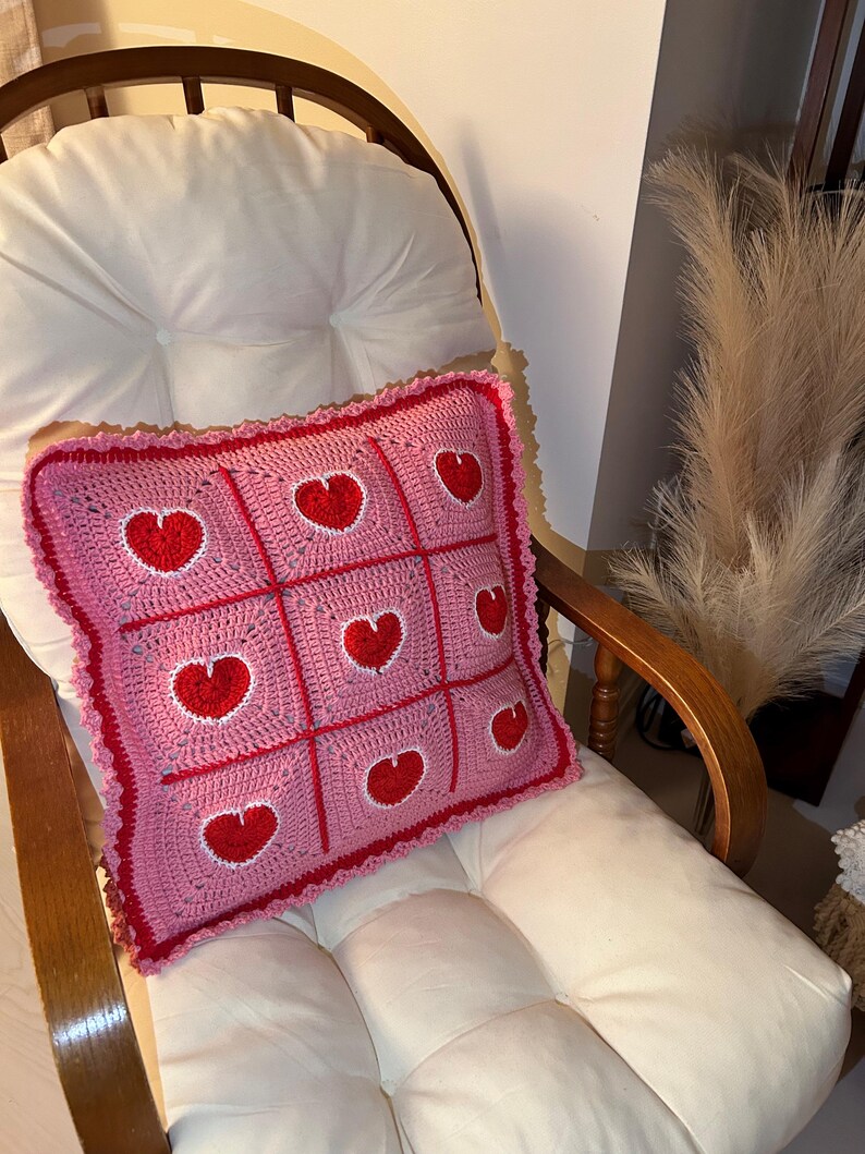 valentine heart granny square pillowcase,pink red heart crochet pillow cover romantic,18 inch heart pillowcase handmade,dimensional heart applique pillow cover,valentine day gift home decor,romantic pink red white heart pillowcase,ruffled border heart pillow cover,galentine gift for her,love theme decorative pillowcase,granny square heart pillow cover,valentine bedroom decor,handmade romantic pillow cover,heart gift for girlfriend wife,valentine living room decor,love pillowcase handcrafted