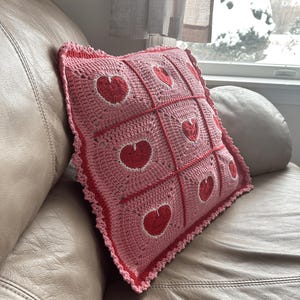 valentine heart granny square pillowcase,pink red heart crochet pillow cover romantic,18 inch heart pillowcase handmade,dimensional heart applique pillow cover,valentine day gift home decor,romantic pink red white heart pillowcase,ruffled border heart pillow cover,galentine gift for her,love theme decorative pillowcase,granny square heart pillow cover,valentine bedroom decor,handmade romantic pillow cover,heart gift for girlfriend wife,valentine living room decor,love pillowcase handcrafted