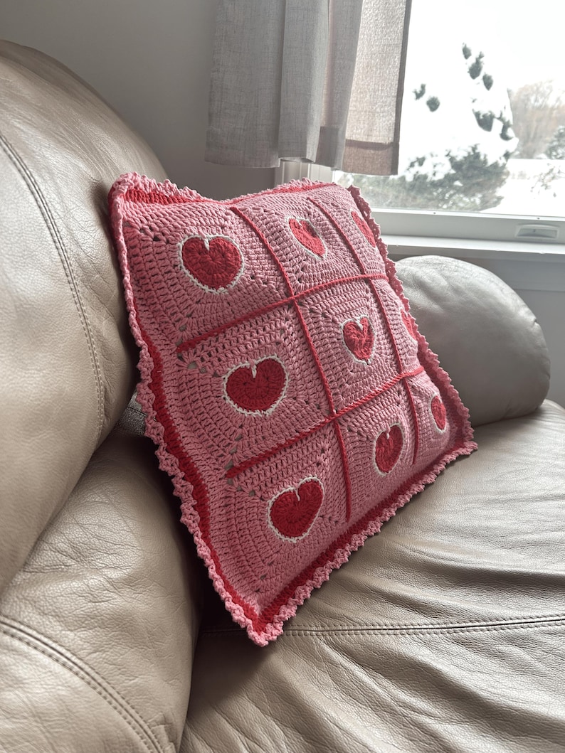 valentine heart granny square pillowcase,pink red heart crochet pillow cover romantic,18 inch heart pillowcase handmade,dimensional heart applique pillow cover,valentine day gift home decor,romantic pink red white heart pillowcase,ruffled border heart pillow cover,galentine gift for her,love theme decorative pillowcase,granny square heart pillow cover,valentine bedroom decor,handmade romantic pillow cover,heart gift for girlfriend wife,valentine living room decor,love pillowcase handcrafted