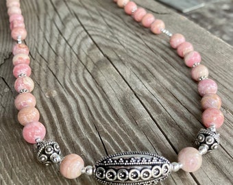 Fantastic Rhodocrosite, Silver Pyrite, and Bali Sterling Silver Long Necklace