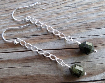 Natural Faceted Dark Green Tourmaline and Sterling Silver Gemstone Earrings