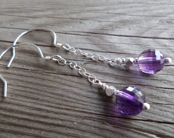 Genuine 'Mirror Ball' Cut Amethyst Sterling Silver Gemstone Birthstone Dangle Earrings